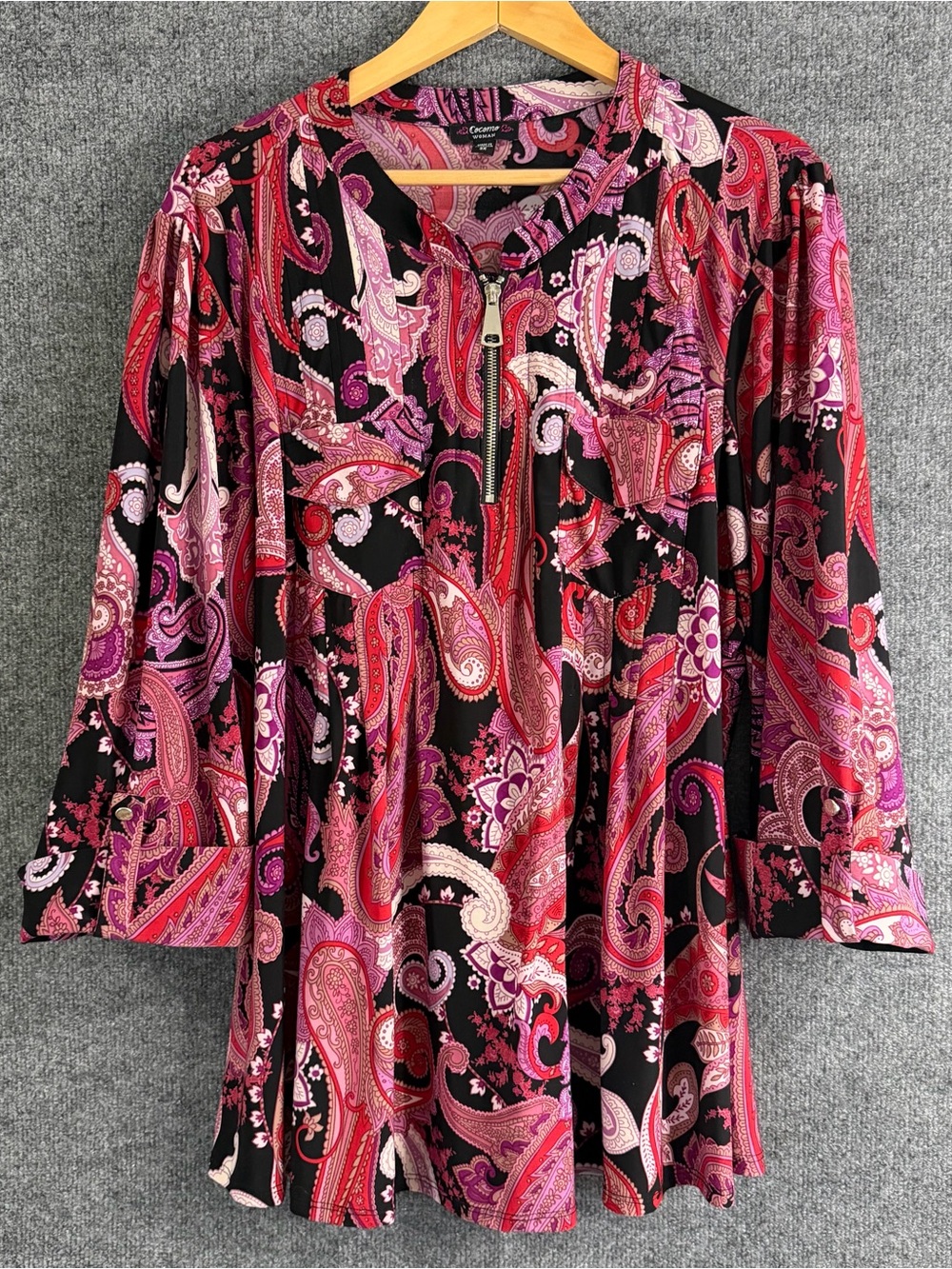 Cocomo Womens 3X Paisley Zip Front Top Pink Purple 3/4 Sleeve Office Casual